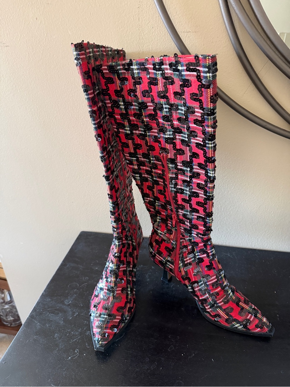 Betsey Johnson Red Black Patterned Knee-High Heeled Boots
